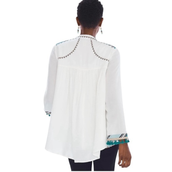 Chico’s Women's White Embellished Open Front Tassle Tie Lightweight Jacket Sz L - Picture 3 of 13